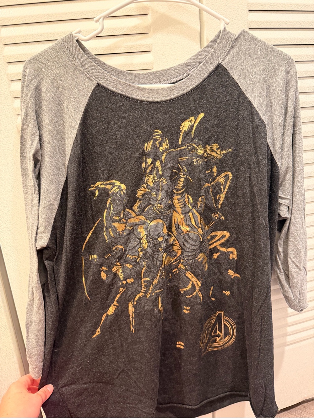 Marvel Long Sleeve Raglan Tee - Charcoal & Light Gray with Gold Graphic